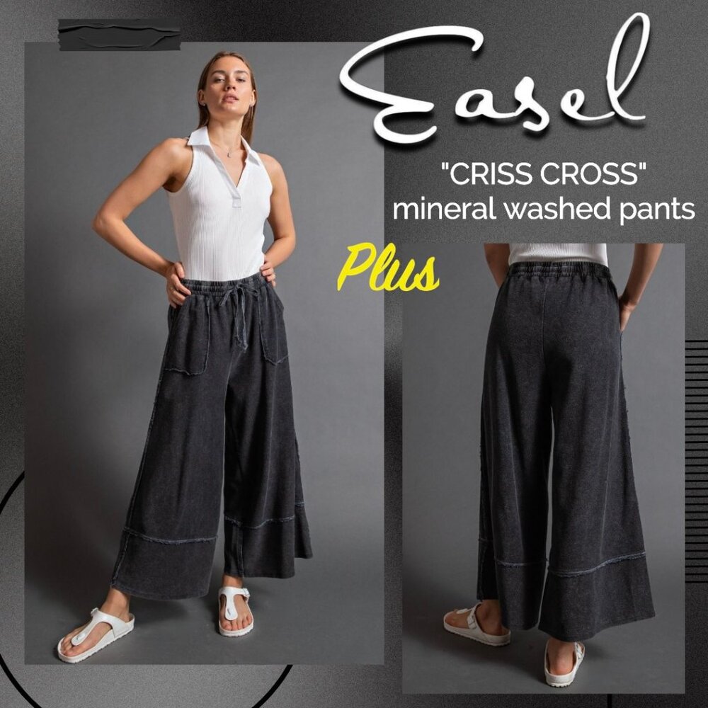 EASEL the “Criss Cross” Cotton Mineral Washed Flared Leg Cropped Pants Raw Seams